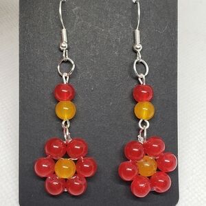 Handmade Red Orange Beaded Glass Flower Earrings